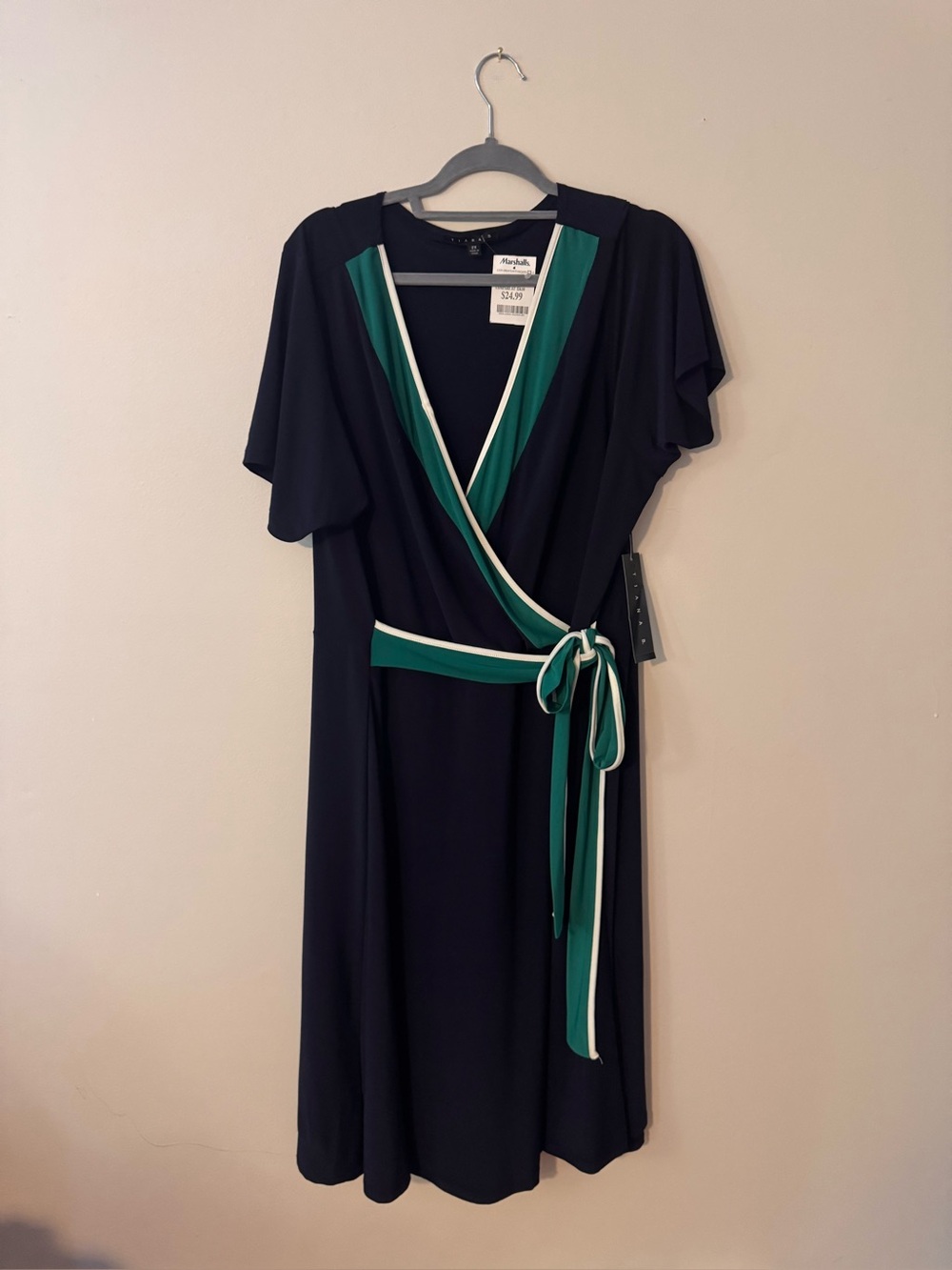 Tiana B. Navy Green Wrap Dress Size 2X NWT Plus Size Midi Dress
